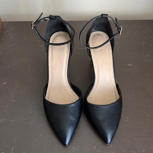 Closed toe black 2” heels with ankle strap gold buckle